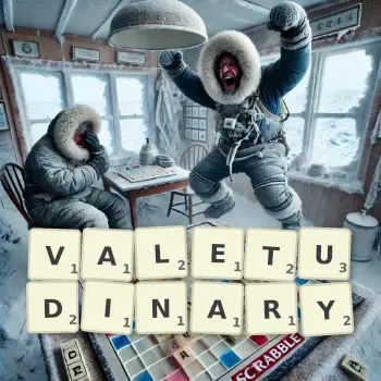 Creative illustration for a Scrabble game with the word VALETUDINARY spelled out in tiles on the board.