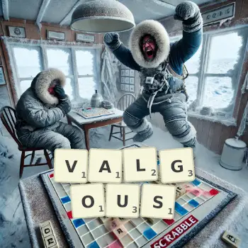 Creative illustration for a Scrabble game with the word VALGOUS spelled out in tiles on the board.