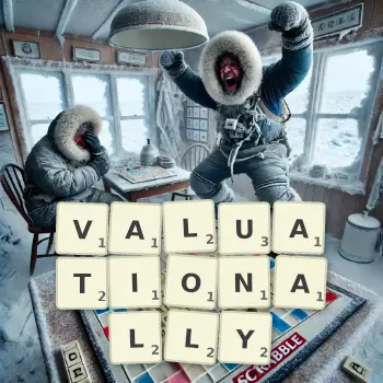 Creative illustration for a Scrabble game with the word VALUATIONALLY spelled out in tiles on the board.