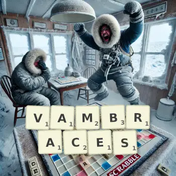 Creative illustration for a Scrabble game with the word VAMBRACES spelled out in tiles on the board.