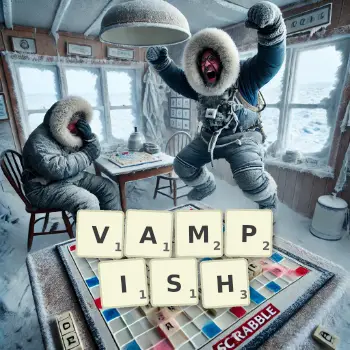 Creative illustration for a Scrabble game with the word VAMPISH spelled out in tiles on the board.