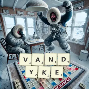 Creative illustration for a Scrabble game with the word VANDYKE spelled out in tiles on the board.