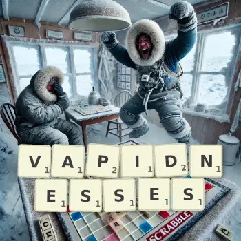 Creative illustration for a Scrabble game with the word VAPIDNESSES spelled out in tiles on the board.