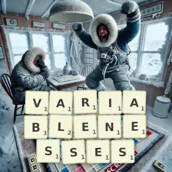 Creative illustration for a Scrabble game with the word VARIABLENESSES spelled out in tiles on the board.