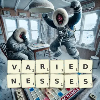 Creative illustration for a Scrabble game with the word VARIEDNESSES spelled out in tiles on the board.