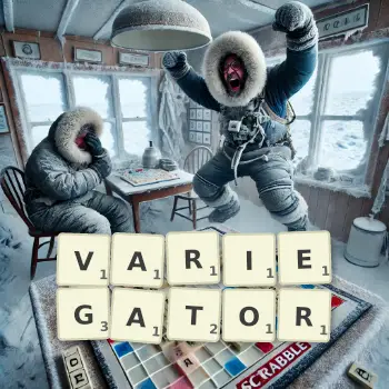 Creative illustration for a Scrabble game with the word VARIEGATOR spelled out in tiles on the board.