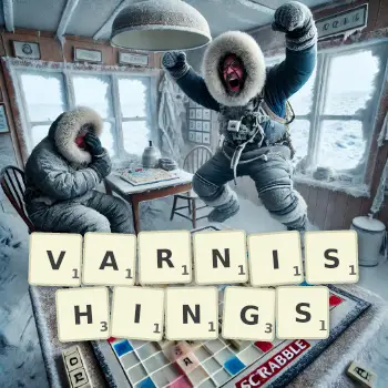Creative illustration for a Scrabble game with the word VARNISHINGS spelled out in tiles on the board.