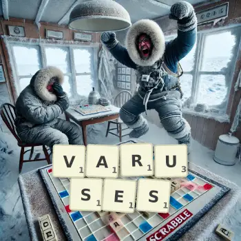 Creative illustration for a Scrabble game with the word VARUSES spelled out in tiles on the board.