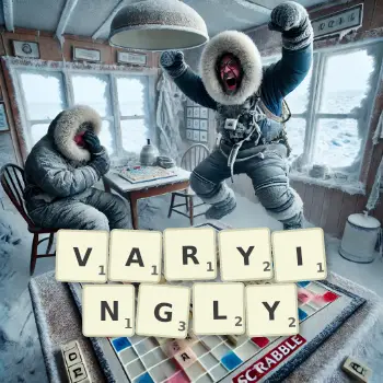 Creative illustration for a Scrabble game with the word VARYINGLY spelled out in tiles on the board.