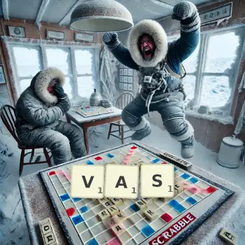 Creative illustration for a Scrabble game with the word VAS spelled out in tiles on the board.
