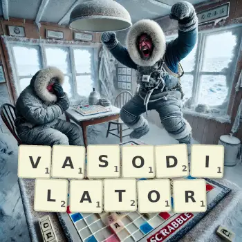 Creative illustration for a Scrabble game with the word VASODILATOR spelled out in tiles on the board.