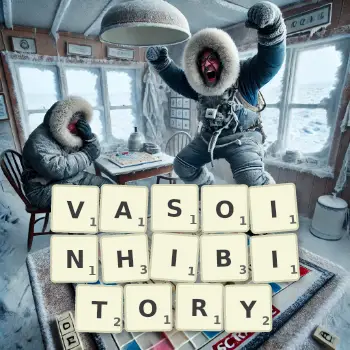 Creative illustration for a Scrabble game with the word VASOINHIBITORY spelled out in tiles on the board.