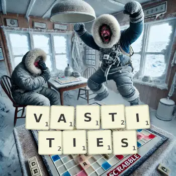 Creative illustration for a Scrabble game with the word VASTITIES spelled out in tiles on the board.
