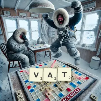 Creative illustration for a Scrabble game with the word VAT spelled out in tiles on the board.