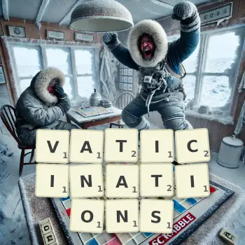 Creative illustration for a Scrabble game with the word VATICINATIONS spelled out in tiles on the board.