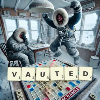 Creative illustration for a Scrabble game with the word VAUTED spelled out in tiles on the board.