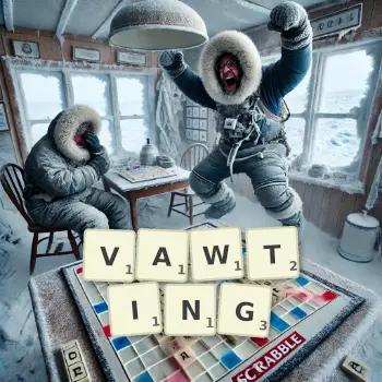 Creative illustration for a Scrabble game with the word VAWTING spelled out in tiles on the board.
