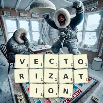 Creative illustration for a Scrabble game with the word VECTORIZATION spelled out in tiles on the board.