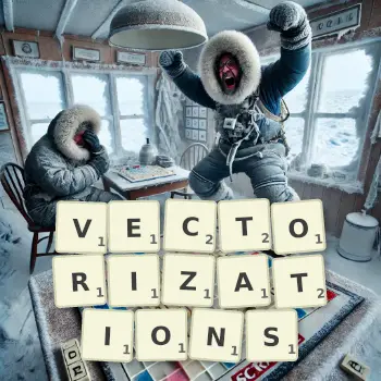 Creative illustration for a Scrabble game with the word VECTORIZATIONS spelled out in tiles on the board.