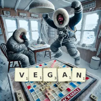 Creative illustration for a Scrabble game with the word VEGAN spelled out in tiles on the board.