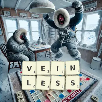 Creative illustration for a Scrabble game with the word VEINLESS spelled out in tiles on the board.