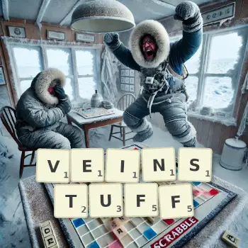 Creative illustration for a Scrabble game with the word VEINSTUFF spelled out in tiles on the board.
