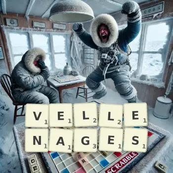 Creative illustration for a Scrabble game with the word VELLENAGES spelled out in tiles on the board.