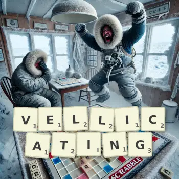 Creative illustration for a Scrabble game with the word VELLICATING spelled out in tiles on the board.