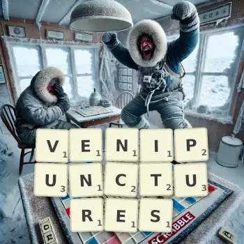 Creative illustration for a Scrabble game with the word VENIPUNCTURES spelled out in tiles on the board.
