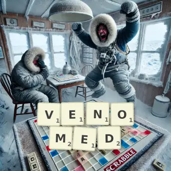 Creative illustration for a Scrabble game with the word VENOMED spelled out in tiles on the board.