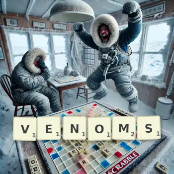 Creative illustration for a Scrabble game with the word VENOMS spelled out in tiles on the board.
