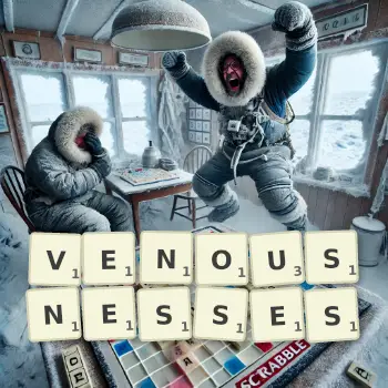Creative illustration for a Scrabble game with the word VENOUSNESSES spelled out in tiles on the board.