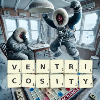 Creative illustration for a Scrabble game with the word VENTRICOSITY spelled out in tiles on the board.