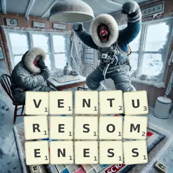Creative illustration for a Scrabble game with the word VENTURESOMENESS spelled out in tiles on the board.
