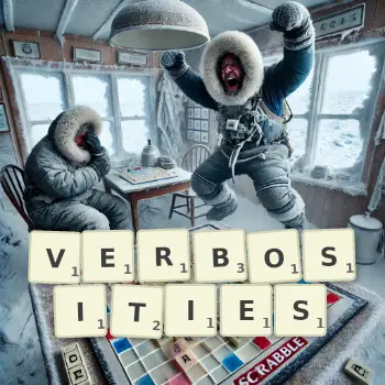 Creative illustration for a Scrabble game with the word VERBOSITIES spelled out in tiles on the board.