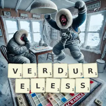 Creative illustration for a Scrabble game with the word VERDURELESS spelled out in tiles on the board.