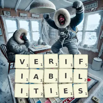 Creative illustration for a Scrabble game with the word VERIFIABILITIES spelled out in tiles on the board.