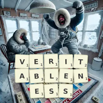 Creative illustration for a Scrabble game with the word VERITABLENESS spelled out in tiles on the board.