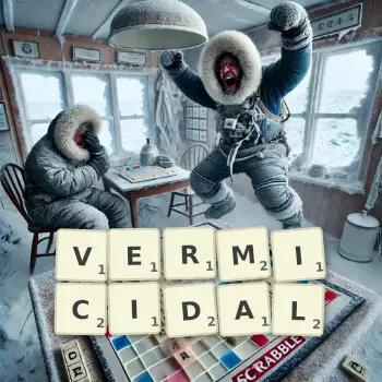 Creative illustration for a Scrabble game with the word VERMICIDAL spelled out in tiles on the board.