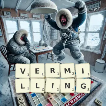 Creative illustration for a Scrabble game with the word VERMILLING spelled out in tiles on the board.