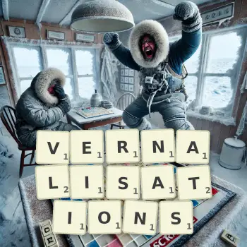 Creative illustration for a Scrabble game with the word VERNALISATIONS spelled out in tiles on the board.