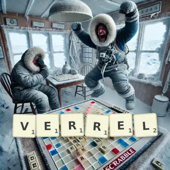 Creative illustration for a Scrabble game with the word VERREL spelled out in tiles on the board.