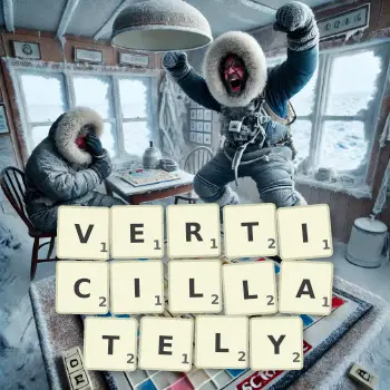 Creative illustration for a Scrabble game with the word VERTICILLATELY spelled out in tiles on the board.