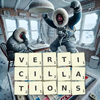 Creative illustration for a Scrabble game with the word VERTICILLATIONS spelled out in tiles on the board.