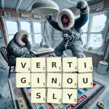 Creative illustration for a Scrabble game with the word VERTIGINOUSLY spelled out in tiles on the board.