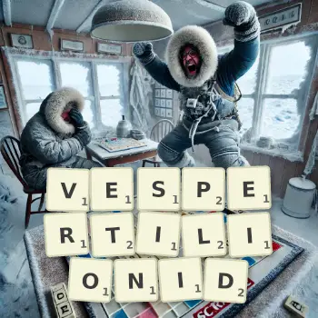 Creative illustration for a Scrabble game with the word VESPERTILIONID spelled out in tiles on the board.