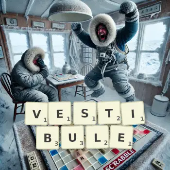 Creative illustration for a Scrabble game with the word VESTIBULE spelled out in tiles on the board.
