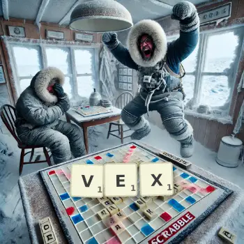 Creative illustration for a Scrabble game with the word VEX spelled out in tiles on the board.