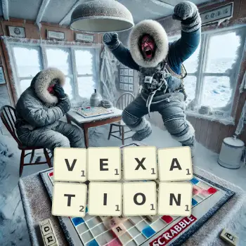 Creative illustration for a Scrabble game with the word VEXATION spelled out in tiles on the board.