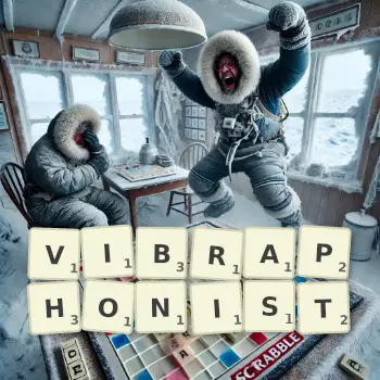 Creative illustration for a Scrabble game with the word VIBRAPHONIST spelled out in tiles on the board.